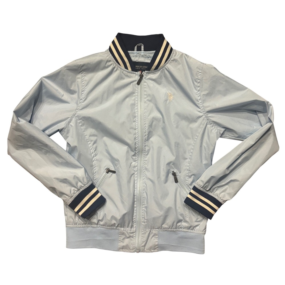 US Polo Assn Mens Bomber Jacket Light Blue Varsity Stripe Windbreaker Size M